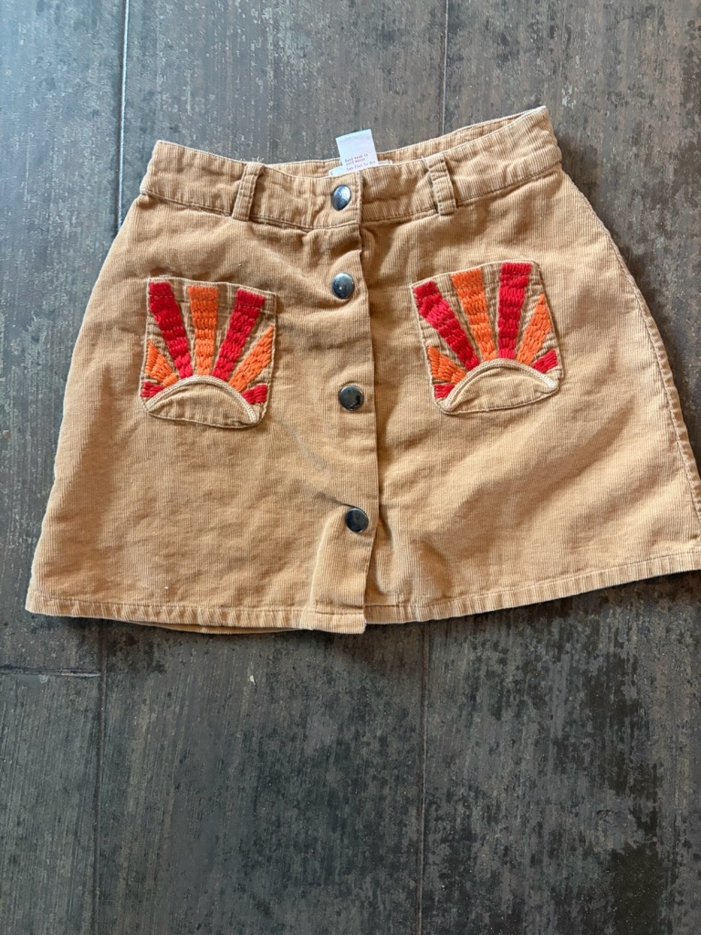 Siaomimi Button-Front Tan Corduroy Skirt with Red & Orange Embroidered Pockets